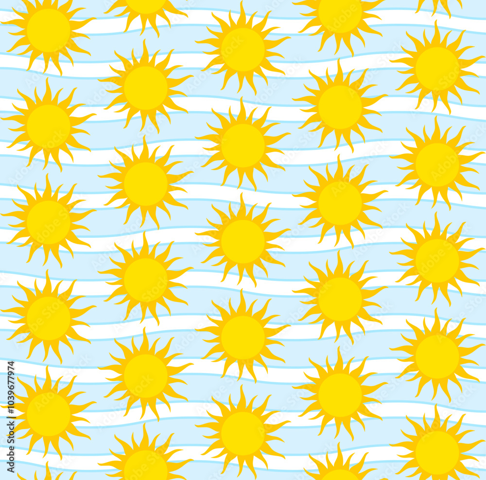 Seamless pattern with bright yellow suns in alternating rows. Simple cartoonish sun design. Spiky rays radiating outward. Light blue background with wavy blue stripes. Cheerful, sunny, and optimistic. Seamless pattern with bright yellow suns in alternating rows. Simple cartoonish sun design. Spiky rays radiating outward. Light blue background with wavy blue stripes. Cheerful, sunny, and optimistic.