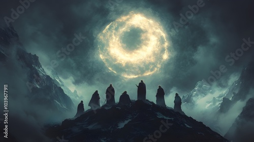 Circle of ancient Norse gods on a high mountain peak, surrounded by winds and clouds, in deep conversation about the world's end, mythical aura all around photo