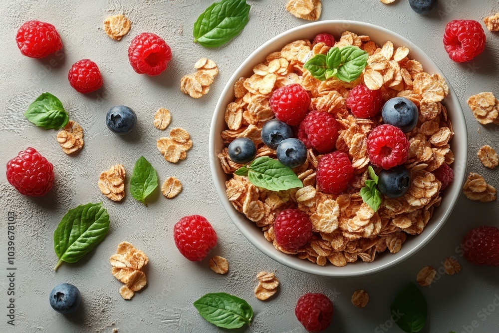 Fresh berries and mint adorn a bowl of oats on a textured grey background in natural light Fresh berries and mint adorn a bowl of oats on a textured grey background in natural light