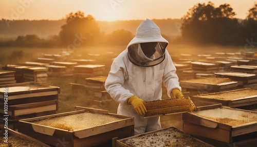 A serene honey production farm unfolds at sunset, with golden hues painting the sky as a backdrop.






 photo