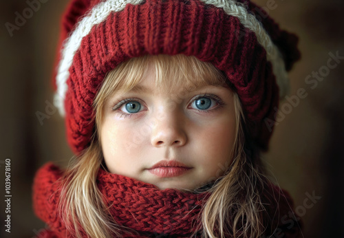 Portrait of a serious little blonde girl with blue eyes wearing a warm wool hat and scarf