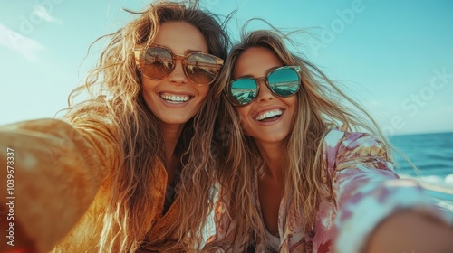 Two women enjoy a bright day at the beach, capturing a joyful selfie with trendy sunglasses that reflect the ocean, embodying carefree summer happiness.