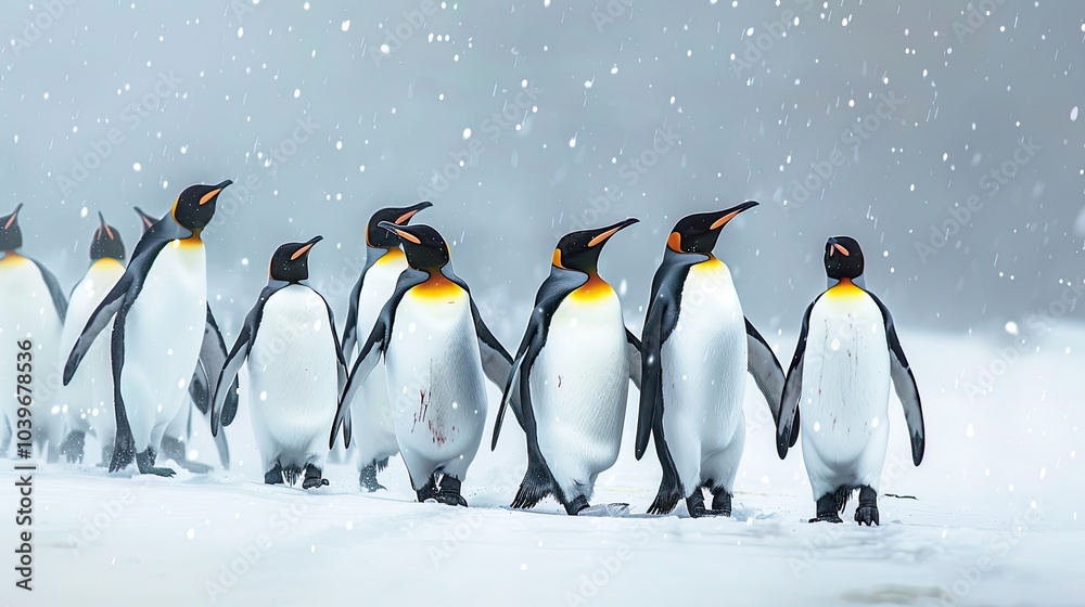 Obraz premium Emperor penguin band walks together on white snow to sea