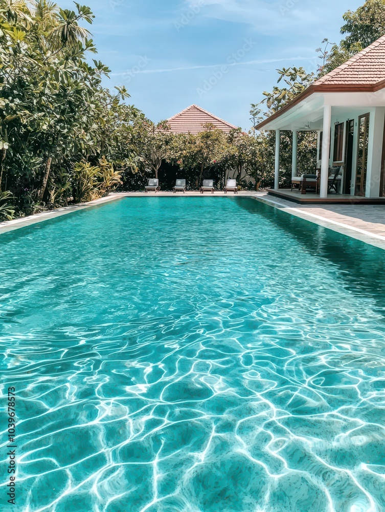 Fototapeta premium Exclusive poolside oasis with crystal-clear blue water, ideal for a refreshing swim and ultimate relaxation.