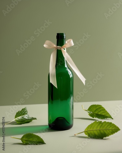 Green Bottle with Beige Ribbon and Green Leaves on a Green Background. photo