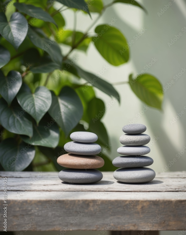 Stacked Stones on Wooden Surface with Green Leaf Background. Stacked Stones on Wooden Surface with Green Leaf Background.