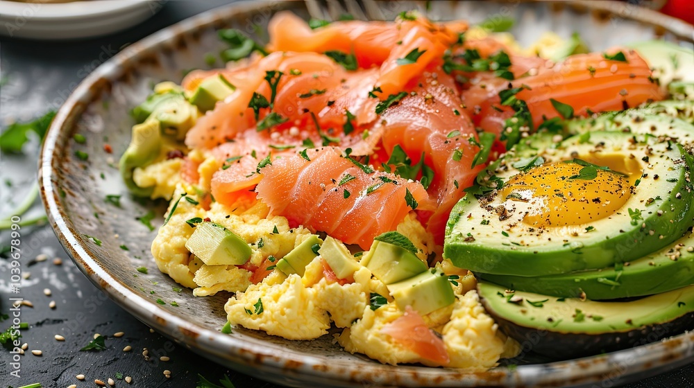 scrambled eggs with smoked salmon and avocado healthy breakfast on restaurant table scrambled eggs with smoked salmon and avocado healthy breakfast on restaurant table