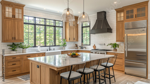 modern honey oak cabinets in a transitional kitchen
