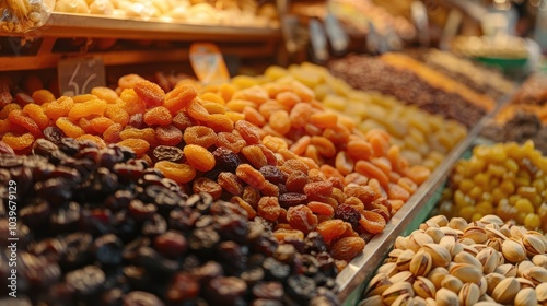 Dried fruits dried apricots black and golden raisins pistachios walnuts and hazelnuts An abundance of various types of dried fruits and nuts on the counter at the farmers market photo