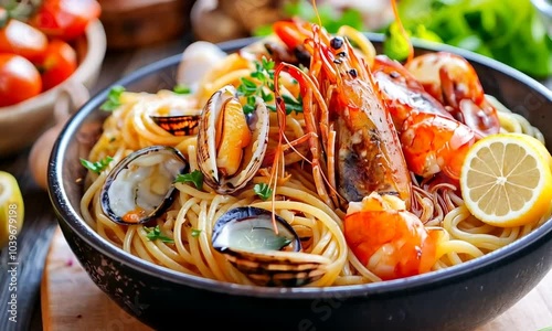 Closeup of a bowl of spaghetti with shrimp, clams, and herbs.