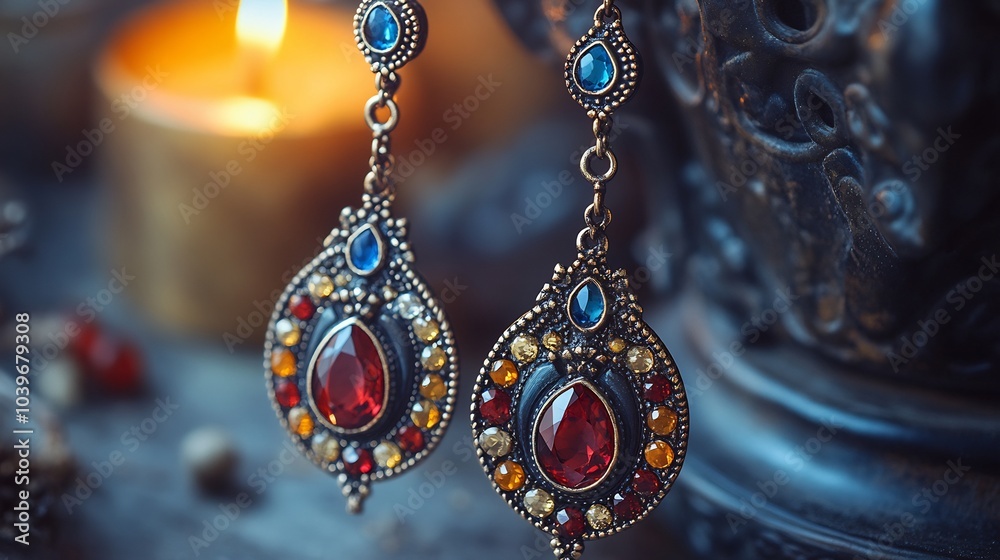 Statement chandelier earrings a mix of metals and gemstones isolated on a neutral minimalistic surface emphasizing their bold and luxurious design Statement chandelier earrings a mix of metals and gemstones isolated on a neutral minimalistic surface emphasizing their bold and luxurious design