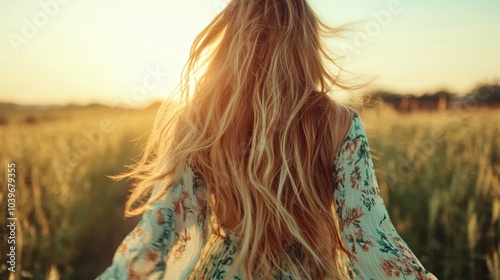 A woman with loose hair is illuminated by warm sunlight as she stands in a field wearing a floral dress, embodying freedom and natural beauty during golden hour. photo