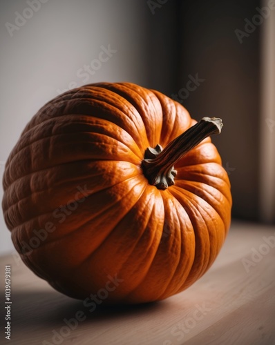 Tilted angle view of a meticulously carved pumpkin. photo