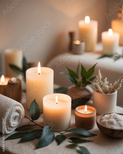 Spa Decor with Candles and Natural Elements.