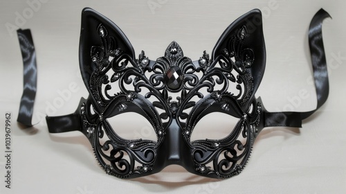 Black Cat Eared Masquerade Mask with Rhinestone Accents for Costume Parties photo