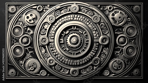 A steampunk mandala with mechanical gears and cogs incorporated into the design, rendered in a blend of brass, copper, and iron tones. The symmetrical pattern exudes a vintage industrial vibe. photo