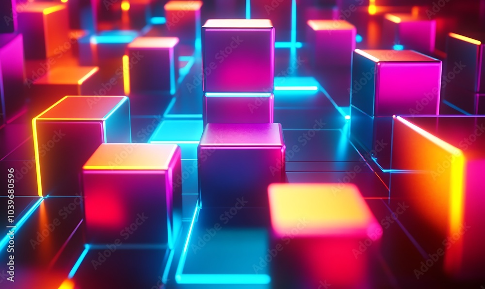 Vibrant Neon Cubes Abstract 3D Background in Futuristic Tech Style with Glowing Elements, Generative Ai