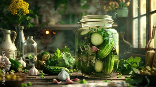 Pickled cucumbers with horseradish and garlic in a large glass jar a traditional Polish dish photo