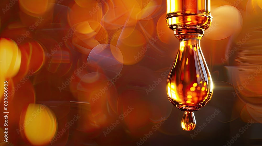 A drop of cosmetic aromatic oil drips from the pipette Front view A drop of cosmetic aromatic oil drips from the pipette Front view