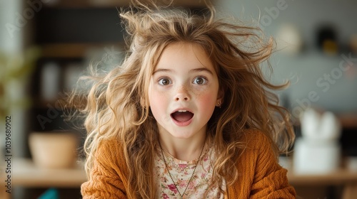 A curious child with wild, curly hair and a surprised expression brightens the scene, capturing a moment of spontaneous wonder and youthful exuberance indoors.