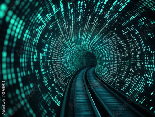A digital tunnel displaying luminous green binary code with train tracks leading into the distance.