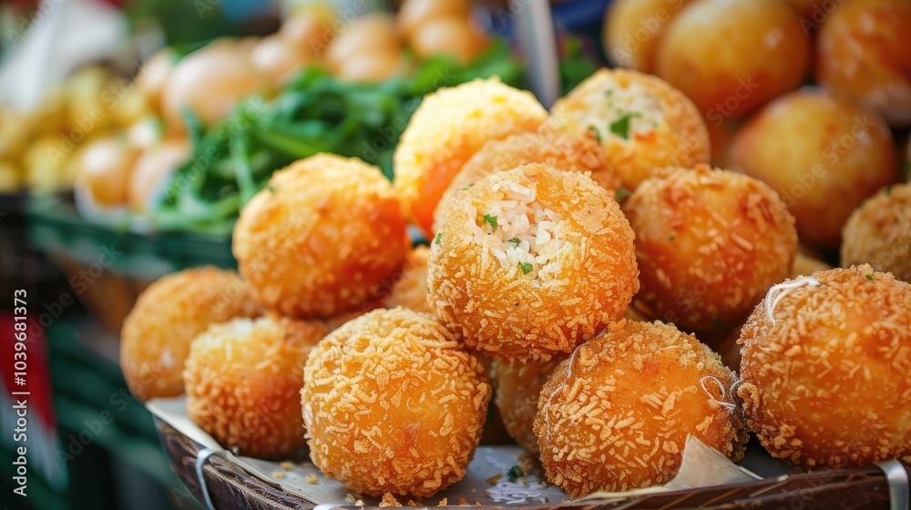 Golden fried food called arancini ora ARANCINE in italian language filled with rice vegetables meat or cheese on sale at a market stall in Sicily Golden fried food called arancini ora ARANCINE in italian language filled with rice vegetables meat or cheese on sale at a market stall in Sicily