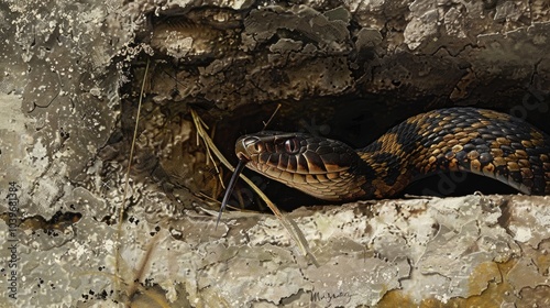 Banded Water Snake Nerodia fasciata crawling into a hole by a cement slap Illustrates natural habitat home photo