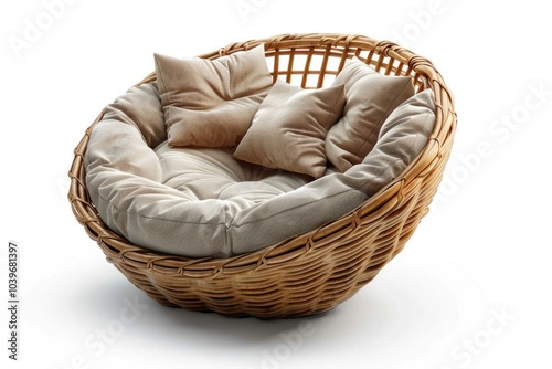 Rattan chair right view with soft pillows isolated on white