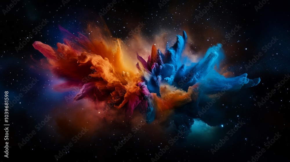 Abstract colorful explosion of paint against a starry night background. Abstract colorful explosion of paint against a starry night background.