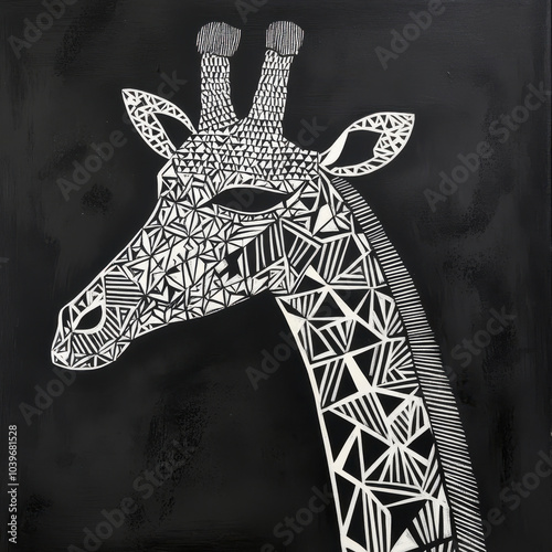 Stylized giraffe head with geometric patterns on black background, showcasing intricate designs and unique artistic expression photo