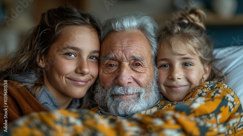 family portrait showing an elderly man with gray hair and a beard, surrounded by two children