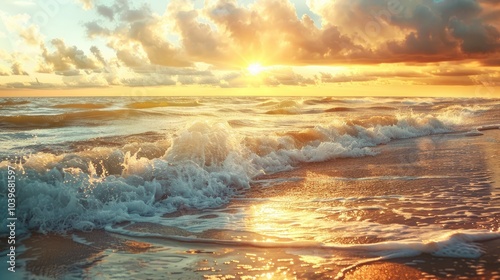 Fototapeta Naklejka Na Ścianę i Meble -  Baltic sea shore at sunset Soft golden sunlight glowing sky waves Idyllic seascape Travel destinations eco tourism nature weather climate change Picturesque panoramic scenery