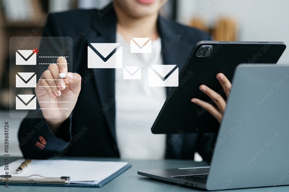 Email notification concept, Female use smartphone and laptop receive message alert in the mailbox Email notification concept, Female use smartphone and laptop receive message alert in the mailbox