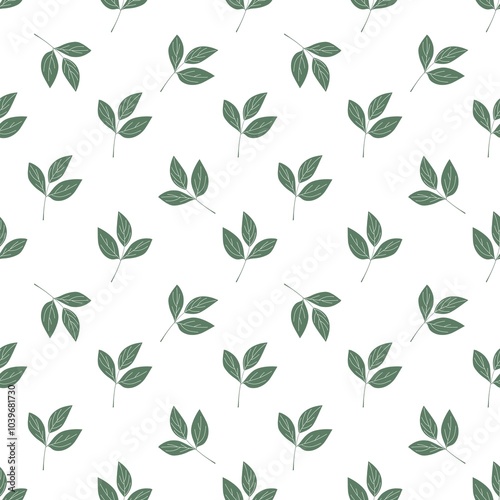 Seamless botanical pattern of green leaves on a white background, ideal for packaging, textile design, eco-friendly branding, and nature-inspired decor. Perfect for modern, sustainable designs