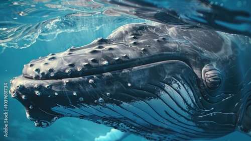 Close Up of a Humpback Whale Calf in Blue Water photo