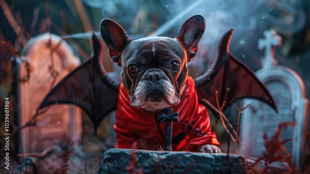 French Bulldog dog wearing red Halloween devil costume with fake arms holding pitchfork with devil tail horns and black bat wings standing in front graveyard with tombstone covered in cobwebs French Bulldog dog wearing red Halloween devil costume with fake arms holding pitchfork with devil tail horns and black bat wings standing in front graveyard with tombstone covered in cobwebs
