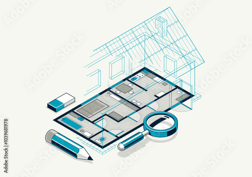 House floorplan drawing with pencil, residential home building blueprint, 3D isometric vector illustration, interior design project top view with roof, family house.