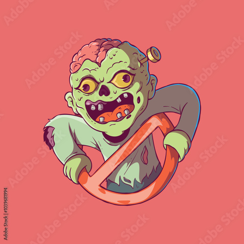 A Zombie Character coming out of a forbidden sign vector illustration. Monster, Scary design concept.