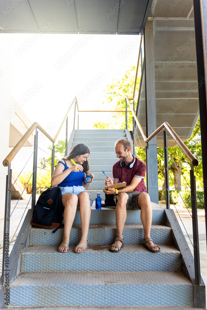 Obraz premium University students deep in study with notebooks and digital tools in stairs