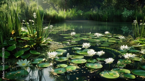 Ecosystem and wetland creation of a pond with water lilies and surrounded by green plants photo