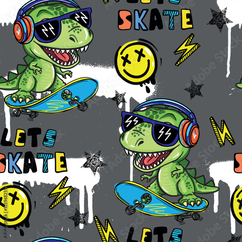 Pastel cool seamless pattern with dinosaur on a skateboard. graffiti background with t rex.For textile, kids wear, fabric and more
