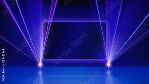 Laser light show. Bright LED laser beam and screen for presentation. Illuminated blue stage, led strobe lights. Background, backdrop for displaying products and text. Vector illustration