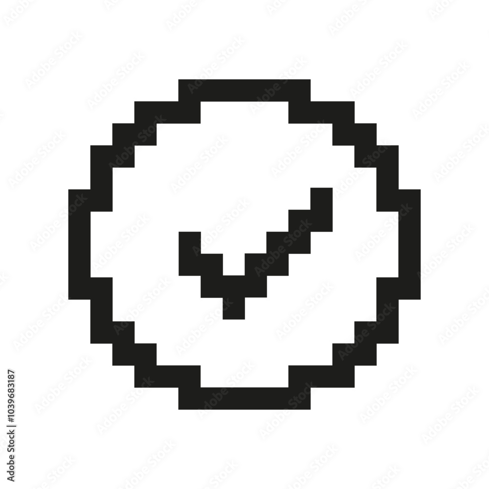 Pixel Art Checkmark In Circle Icon. Pixelated Checkmark Inside, Symbol Of Approval Or Completion. Isolated Vector Illustration