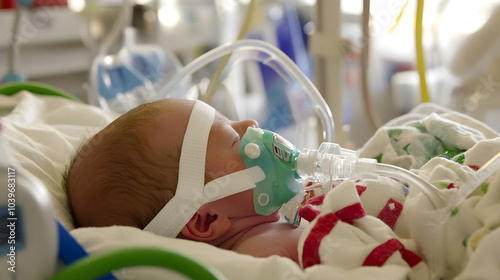 newborn baby is receiving respiratory support with oxygen mask while lying in neonatal intensive care unit NICU. scene highlights advanced medical care for infants. newborn baby
