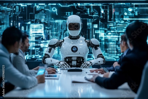 A group of business people and robots sitting around the table in a futuristic office.