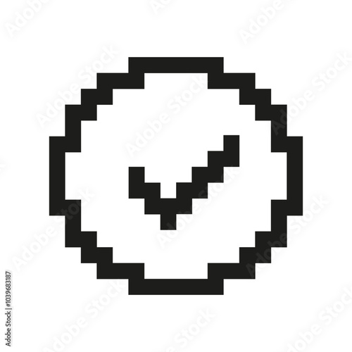 Pixel Art Checkmark In Circle Icon. Pixelated Checkmark Inside, Symbol Of Approval Or Completion. Isolated Vector Illustration