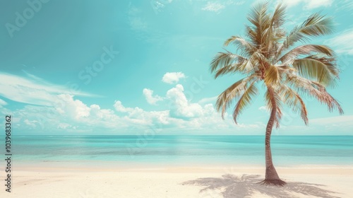 Palm tree on tropical beach with blue sky and white clouds abstract background Copy space of summer vacation and business travel concept Vintage tone filter effect color style