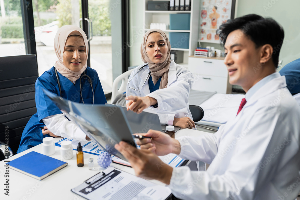 Diversity, medical team head leaders discuss results, brainstorming and planning. Doctor, nurse and computer on desk. Diversity, medical team head leaders discuss results, brainstorming and planning. Doctor, nurse and computer on desk.