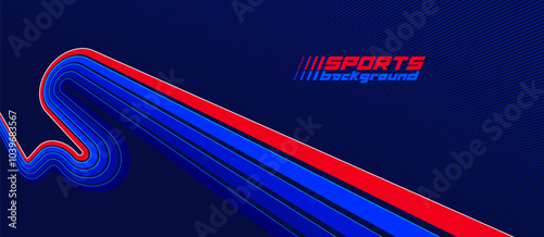 Sports background vector abstract lines in 3D dimensional rotation, dark red and blue dynamic layout for sport games or racing and running activities.