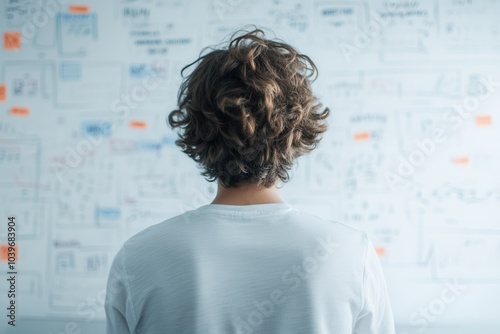 Young Man Writing on Large Glass Board